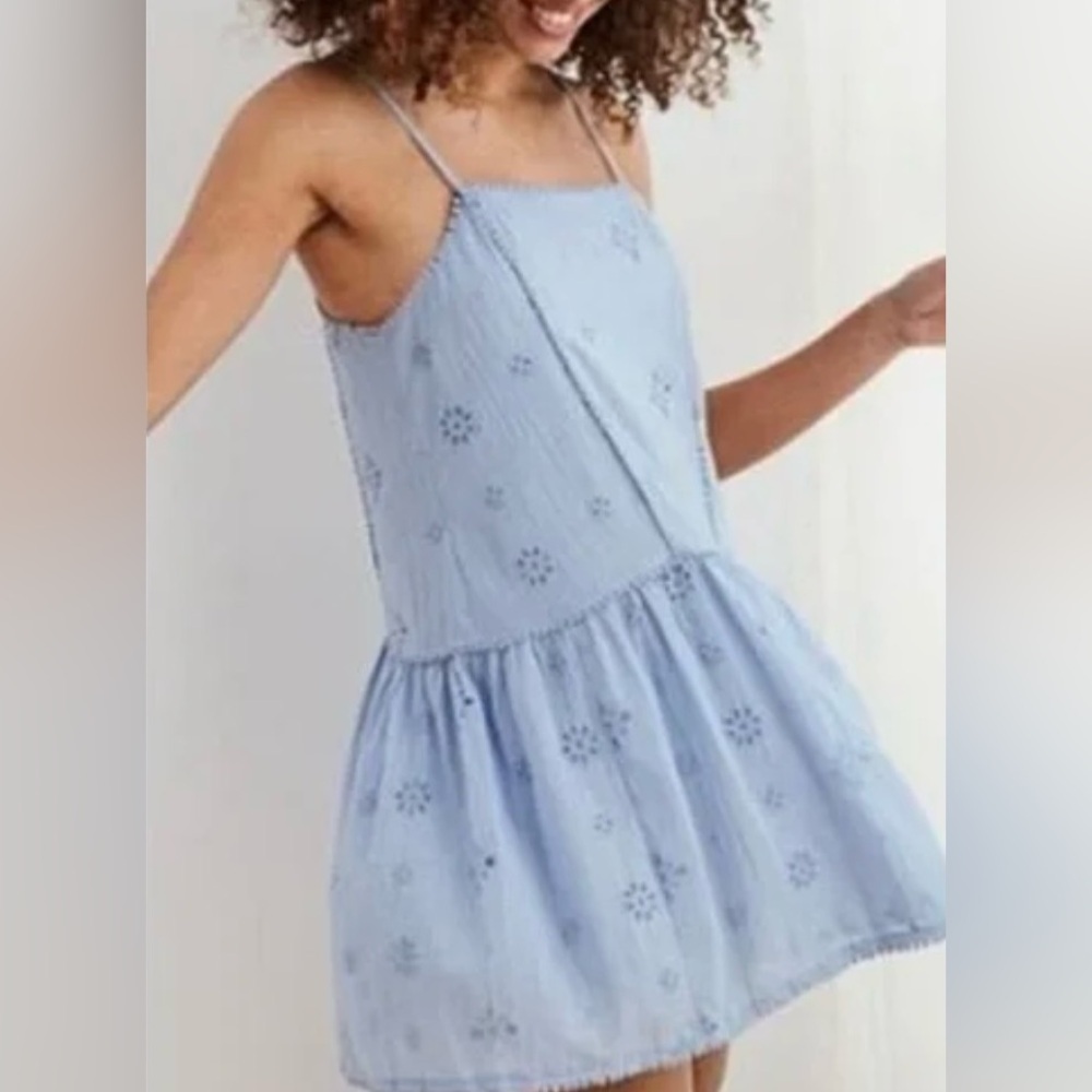 Aerie Eyelet Sleeveless Babydoll Dress Women's Large Powder Blue Summer Casual